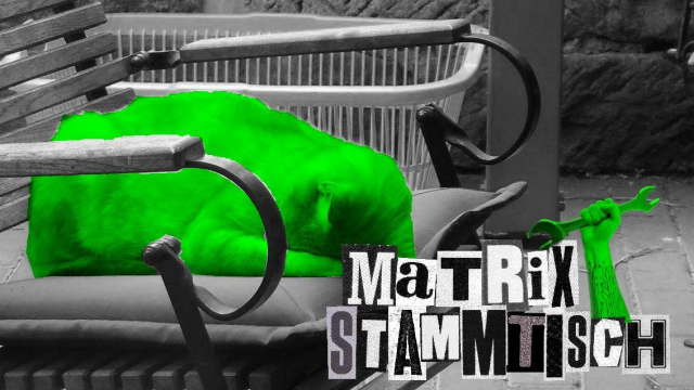 Eine in grün gefärbte Katze auf einem in Graustufen gefärbten Stuhl, die ihr Gesicht in einem Kissen vergräbt. Davor in zusammen gewürfelten Buchstaben zu lesen: Matrix-Stammtisch. Aus dem Schriftzug kommt eine ebenfalls in grün gefärbte Hand mit Schraubenschlüssel.