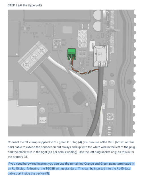 STEP 2 (At the Hypervolt)

Connect the CT clamp supplied to the green CT plug (4), you can use a/the Cat5 (brown or blue pair) cable to extend the connection but always end up with the white wire in the left of the plug and the black wire in the right (as per colour coding). Use the left plug socket only, as this is for the primary CT.

If you need hardwired internet you can use the remaining Orange and Green pairs terminated in an RJ45 plug following the T-568B wiring standard. This can be inserted into the RJ45 data cable port inside the device (5).
