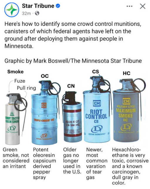 Post by Minnesota Star Tribune: 

Here's how to identify some crowd control munitions, canisters of which federal agents have left on the ground after deploying them against people in Minnesota. http://bit.ly/3YWp1jE 

Graphic by Mark Boswell/The Minnesota Star Tribune

The accompanying graphic shows five kinds of gas grenades, address some that are toxic and corrosive. 