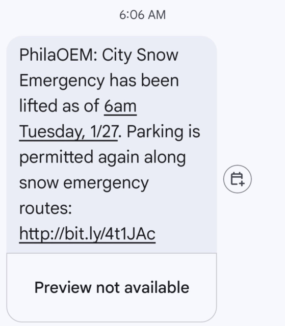 A notification from PhilaOEM indicating that the city snow emergency has been lifted as of 6 AM on Tuesday, 1/27. It states that parking is again permitted along snow emergency routes, with a link for more information.