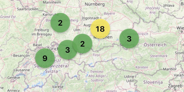 Map with Switzerland, Austria and south Germany, showing 30  Meshcore nodes everywhere. 