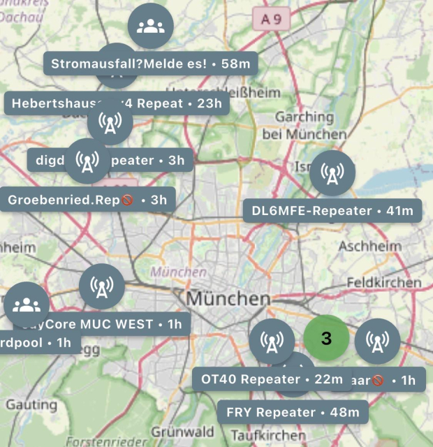 Map of Munich showing a bunch of Meshcore repeaters covering a big chunk of the city. Not so many in the city centre, though. 