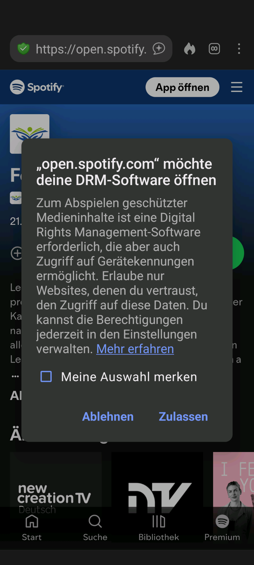 Screenshot mit Spotify DRM Hinweis.