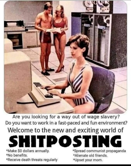 Old computer ad in a magazine with some workers standing around in their swim suits. One woman is at a terminal. The text says:

Are you looking for a way out of wage slavery?
Do you want to work in a fast-paced and fun environment?
Welcome to the new and exciting world of SHITPOSTING.
*Make $0 dollars annually.
*Spread communist propaganda
*No benefits.
*Alienate old friends.
*Receive death threats regularly
*Upset your mom.