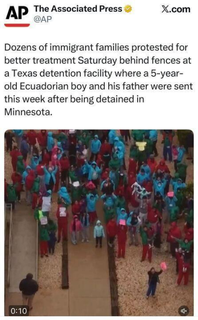 Screenshot of an X.com post by The Associated Press (@AP) stating that dozens of immigrant families protested for better treatment behind fences at a Texas detention facility, where a 5-year-old Ecuadorian boy and his father were sent after being detained in Minnesota. Below is a video thumbnail showing a crowd gathered outdoors along a fenced walkway; many people wear bright blue or red outerwear, and some hold signs.