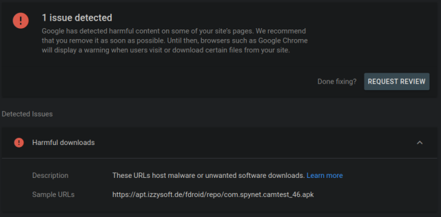 Screenshot from Google's console, stating they detected 1 issue, naming 1 harmful file – which does not even exist on the server (try getting it, you'll receive a 404)