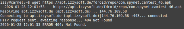 Screenshot from the terminal, showing an attempt to download the allegedly malicious file – and failing with a 404, because the file does not exist