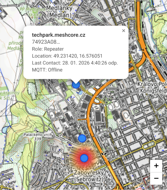 A map of part of Brno with the blue dot as the location of the repeater and a pop-up with details. The repeater is called Techpark.meshcore.cz.