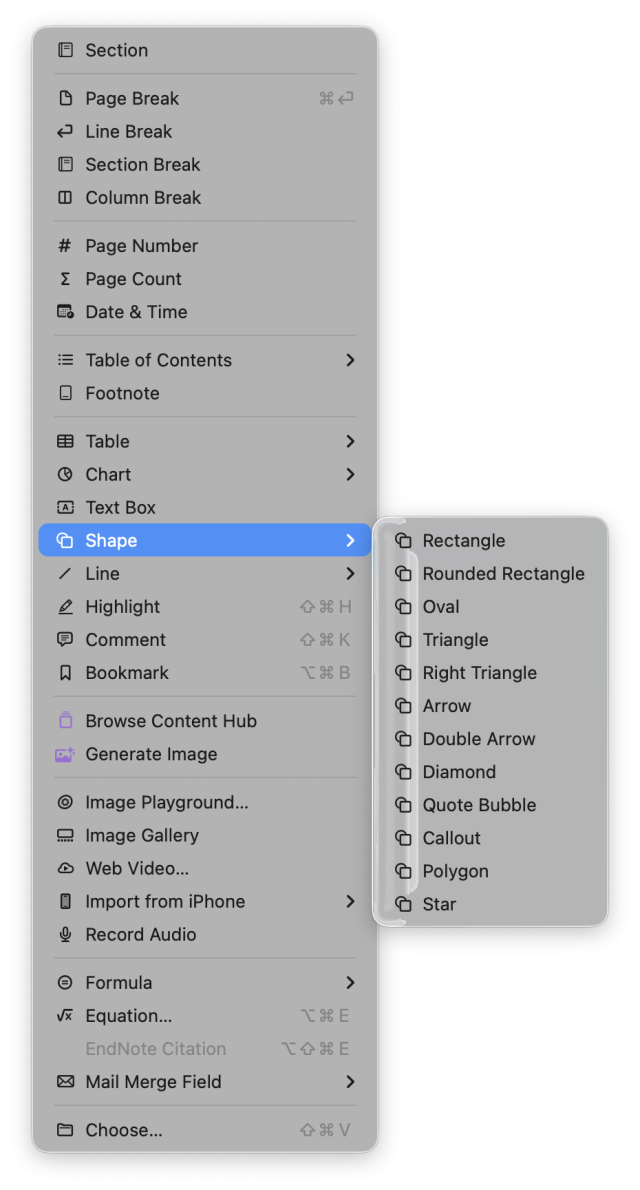 Screenshot of the Shape main menu entry of the new Pages app. Every entry has a default shape symbol.