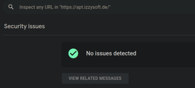 Screenshot from the Google console, stating that there are "No issues detected" for https://apt.izzysoft.de/