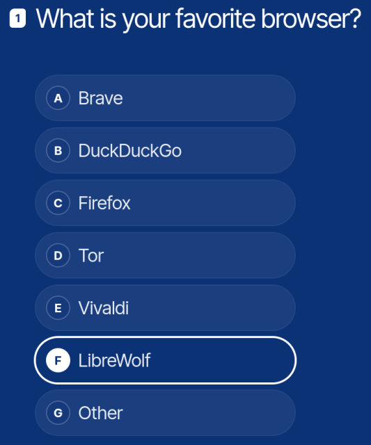 What is your favorite browser? Brave, DuckDuckGo, Firefox, Tor, Vivaldi, LibreWolf, Other