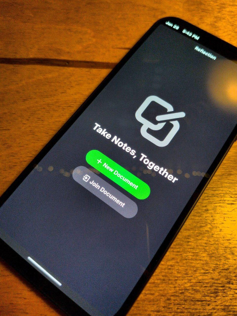 Home screen of Reflection text-editor app with the text "Take Notes, Together" and two buttons "New Document" and "Join Document" running on a Fairphone 5 with PostmarketOS installed