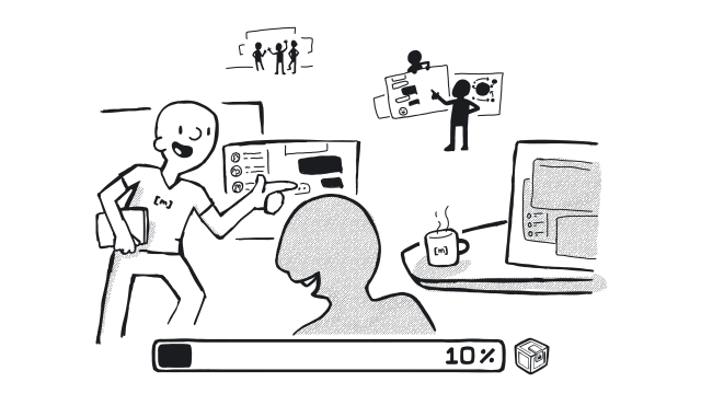 A drawing of people forming groups and having ideas to work on topics.

There is a progress bar at the bottom sitting at 10%.