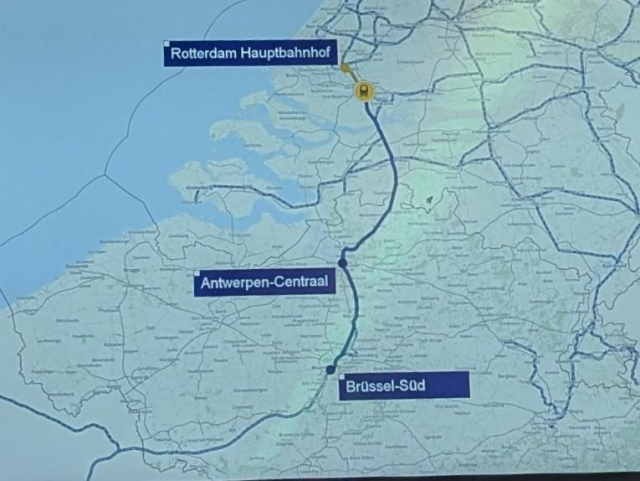 A map of a train journey showing stops Rotterdam Hauptbahnhof, Antwerpen-Centraal and Brüssel-Süd