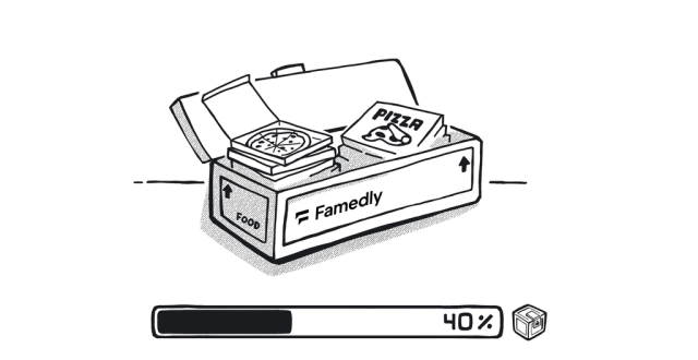 A drawing of a crate of pizza with Famedly's logo on it