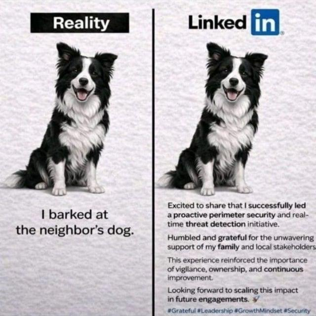 LinkedIn

----

Two identical pictures of a dog.

--------------------

First one:

Reality

I barked at the neighbor's dog.

---------------------

Second One:

Linked [in|

Excited to share that | successfully led a proactive perimeter security and realtime threat detection initiative.

Humbled and grateful for the unwavering support of my family and local stakeholders.

This experience reinforced the importance of vighance, ownership, and continuous improvement.

Looking forward to scaling this impact in future engagements.

#Grateful #Leadership $GrowthMindset #Security
