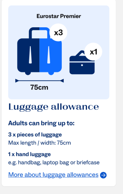 Screenshot of the eurostar page with "Luggage allowance - Adults can bring 3x pieces of luggaes, max length/width: 75cm, 1x hand luggage"