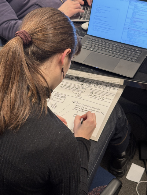 A picture taken from above the shoulder. Someone is drawing an IKEA style guide, with pen and paper.