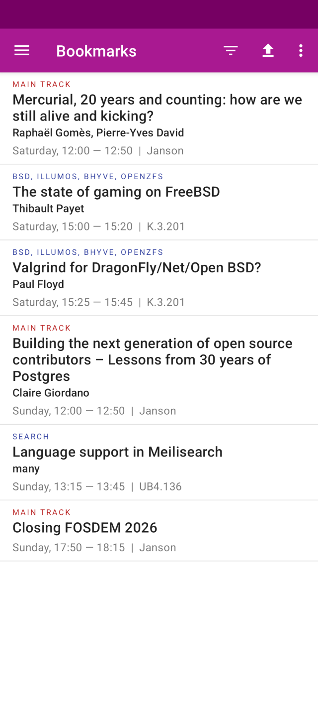 Screenshots if the fosdem compagnon app