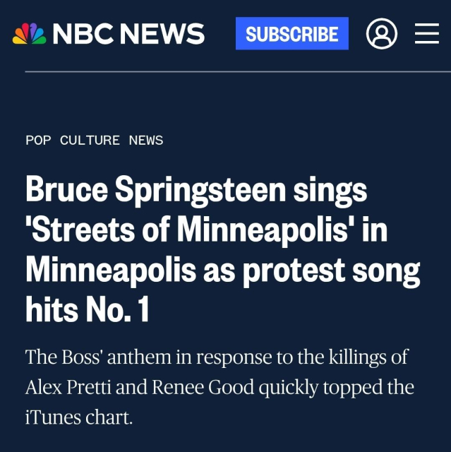 Bruce Springsteen touched down in Minnesota on Friday and performed his protest song “Streets of Minneapolis,” a response to the killings of Renee Good and Alex Pretti by federal agents, hours after it soared to the top of iTunes.