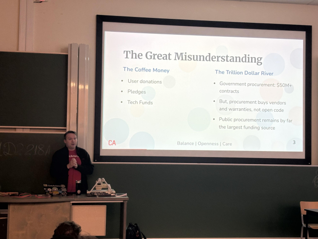 A slide called the great misunderstanding, with man in front 