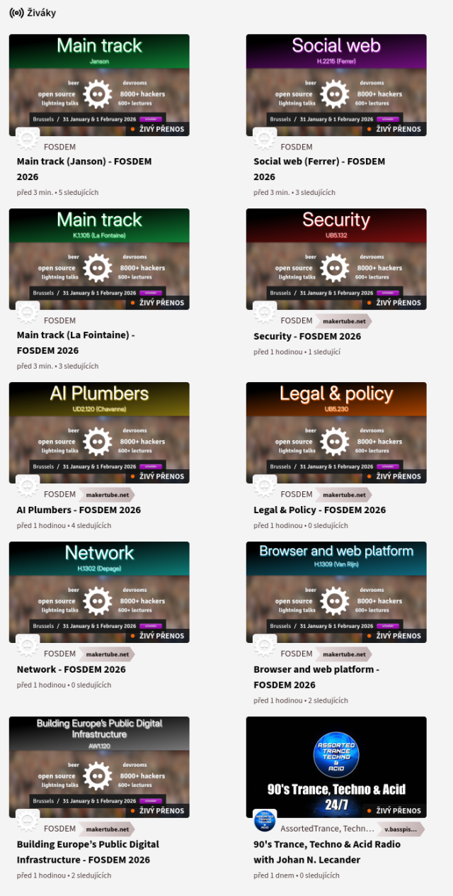 9 živých místností z FOSDEMu streamovaných na PeerTube