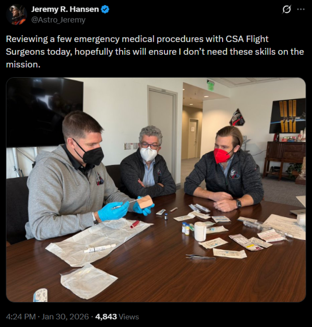 Astronaut jeremy Hanson posted a photo of himself meeting with others at NASA in respirators.  he posted, "Reviewing a few emergency medical procedures with CSA Flight Surgeons today, hopefully this will ensure I don’t need these skills on the mission."