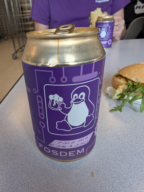 A beer can branded FOSDEM 
