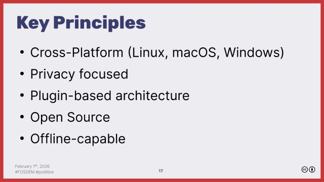 Key Principles
- Cross-Platform (Linux, macOS, Windows)
- Privacy focused
- Plugin-based architecture
- Open Source
- Offline-capable