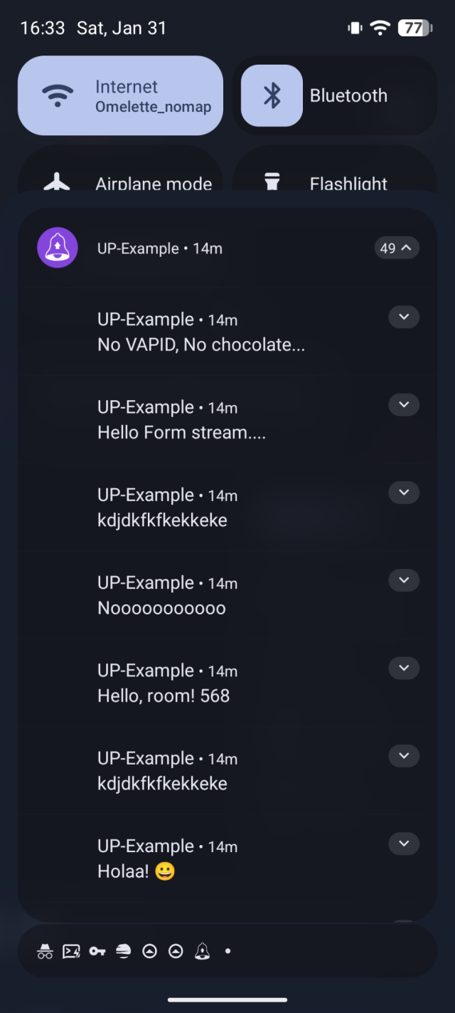 UP-Example shows 49 notifications in Android dropdown menu