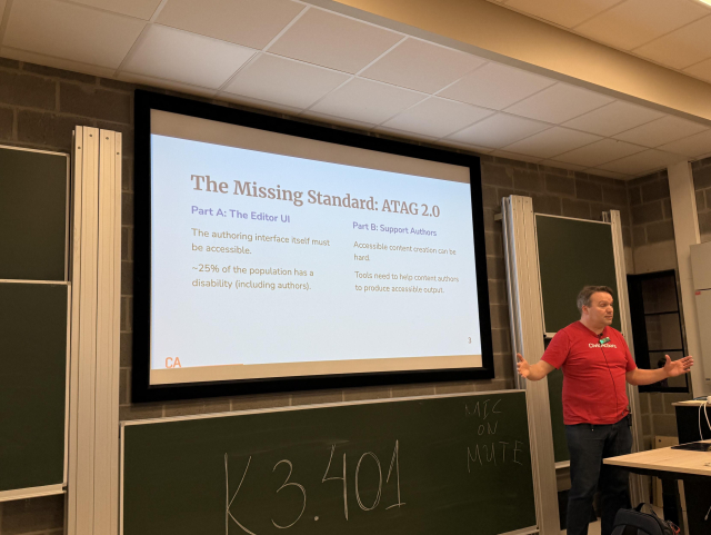 Mike and his slide that says the missing standard, ATAG 2.0, outling part a, editor UI and part b, support authors