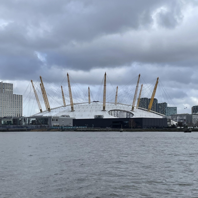 A large fairly-whitish flattish dome, held up by cables hanging from a number of yellow pylons, with the River Thames in the foreground