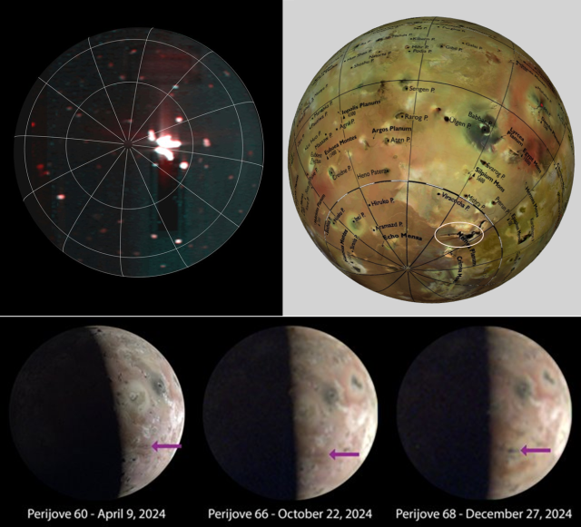 1. A massive hotspot — larger the Earth’s Lake Superior — can be seen just to the right of Io’s south pole in this annotated image taken by the JIRAM infrared imager aboard NASA’s Juno on Dec. 27, 2024, during the spacecraft’s flyby of the Jovian moon.
Credit: NASA/JPL-Caltech/SwRI/ASI/INAF/JIRAM

2. Map of IO from angle that is close to that of the images below, with the South Pole in view. And my guess for the scarred area of the eruption near Nemea Planum.
3D-map source: http://terkeptar.elte.hu/vgm/2/?show=globe&id=111&descid=219

3. Images of Io captured in 2024 by the JunoCam imager aboard NASA’s Juno show significant and visible surface changes (indicated by the arrows) near the Jovian moon’s south pole. These changes occurred between the 66th and 68th perijove, or the point during Juno’s orbit when it is closest to Jupiter.
Credit: NASA/JPL-Caltech/SwRI/MSSS Image processing by Jason Perry 