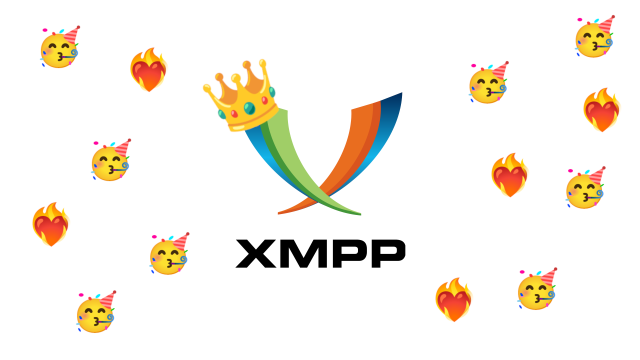 The XMPP Logo with a crown, surrounded by burning heart and party emojis.