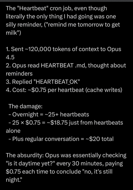 The "Heartbeat" cron job, even though literally the only thing I had going was one silly reminder, ("remind me tomorrow to get milk")
1. Sent ~120,000 tokens of context to Opus
4.5
2. Opus read HEARTBEAT md, thought about reminders
3. Replied "HEARTBEAT_OK"
4. Cost: ~$0.75 per heartbeat (cache writes)
The damage:
- Overnight = ~25+ heartbeats
- 25 × $0.75 = ~$18.75 just from heartbeats alone
- Plus regular conversation = ~$20 total
The absurdity: Opus was essentially checking
"is it daytime yet?" every 30 minutes, paying $0.75 each time to conclude "no, it's still night."