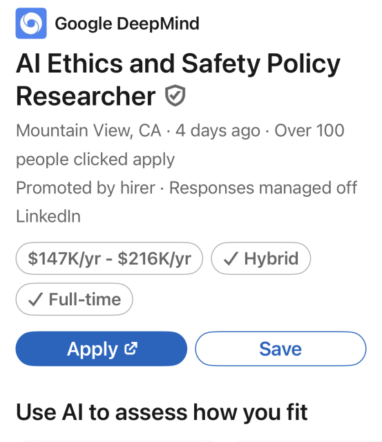 A Google deepmind  job posting, featuring an AI ethics and safety policy researcher job offering to pay less than a junior engineer.