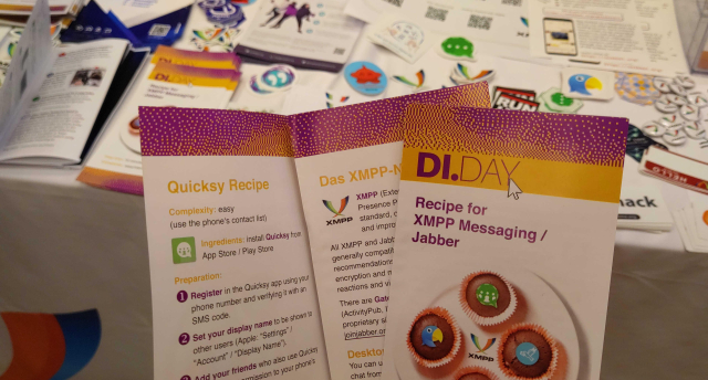 The DI.DAY XMPP switch recipies handouts infront of the XMPP booth at the FOSDEM.