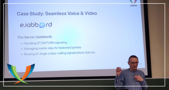 Jérôme Sautret & Timothée Jaussoin presenting at FOSDEM on engineering XMPP federation.