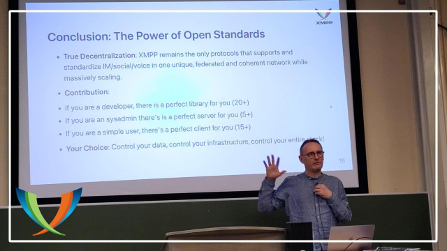 Jérôme Sautret & Timothée Jaussoin presenting at FOSDEM on case study: seamless voice & video Movim