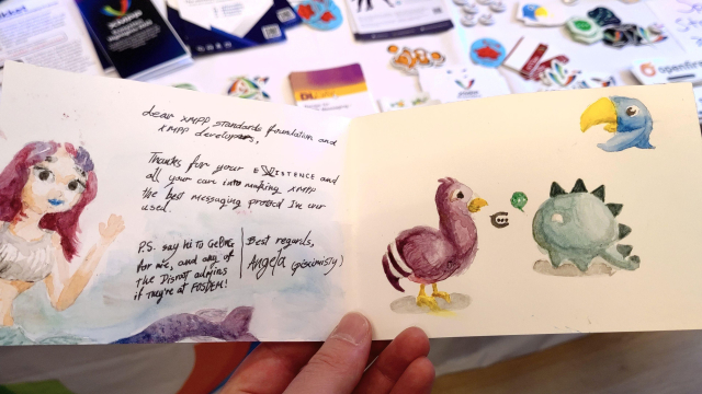Unfolding the letter shows a hand-drawn (aquarell) mermaid and the logos of multiple XMPP chat apps such as Conversations, Dino and Snikket. The text admires the work of the quote "best messaging protocol" and sends regards from Angela to Ge0rG, a long-term comunity and the disroot.org admins.