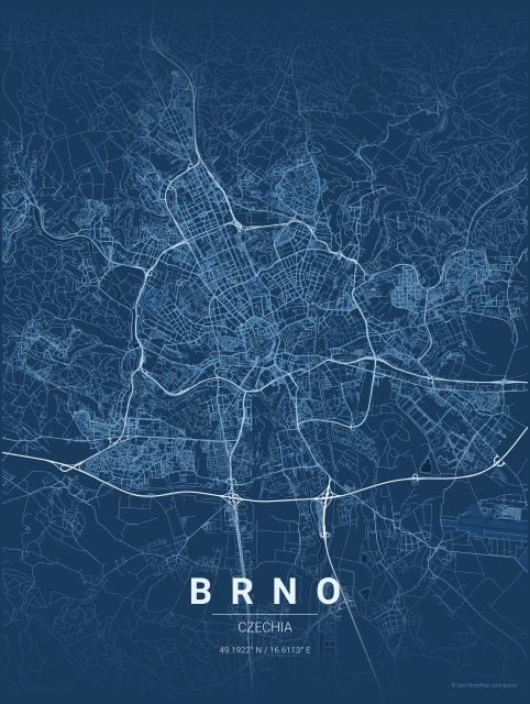 A poster of Brno map in blueprint. It says Brno, Czechia and coordinates of the city.