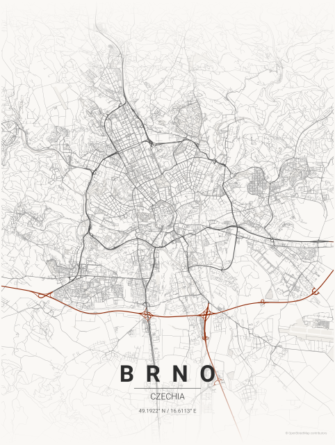A poster of Brno map in Japanese ink. It says Brno, Czechia and coordinates of the city.