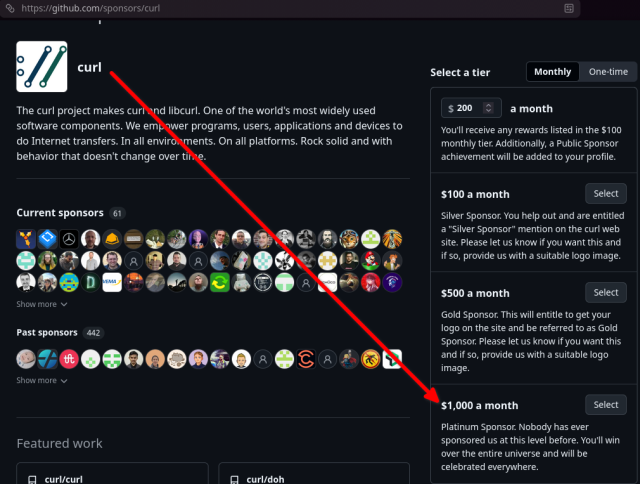 Screenshot of curl sponsors on github with a red arrow pointing at the $1,000 per month sponsorship tier which contains the text "Platinum Sponsor. Nobody has ever sponsored us at this level before. You'll win over the entire universe and will be celebrated everywhere."