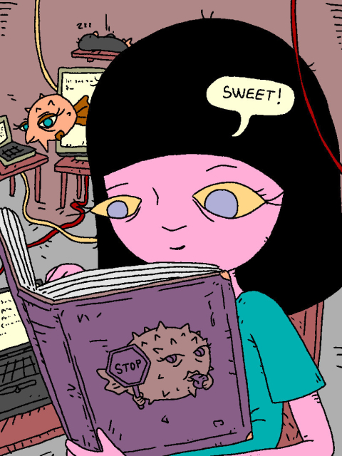 girl studies the ancient tome of PF