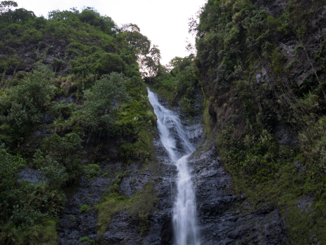photograph of a waterfall from below. the slow shutter speed gives a whispy quality to the water, like hairs of a forgotten goddess.