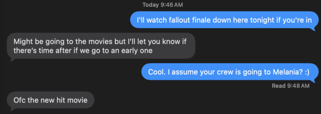 A text exchange slamming the movie "Melania"