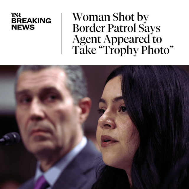May be an image of one or more people and text that says 'IN BREAKING NEWS Woman Shot by Border Patrol Says Agent Appeared to Take "Trophy Photo"'