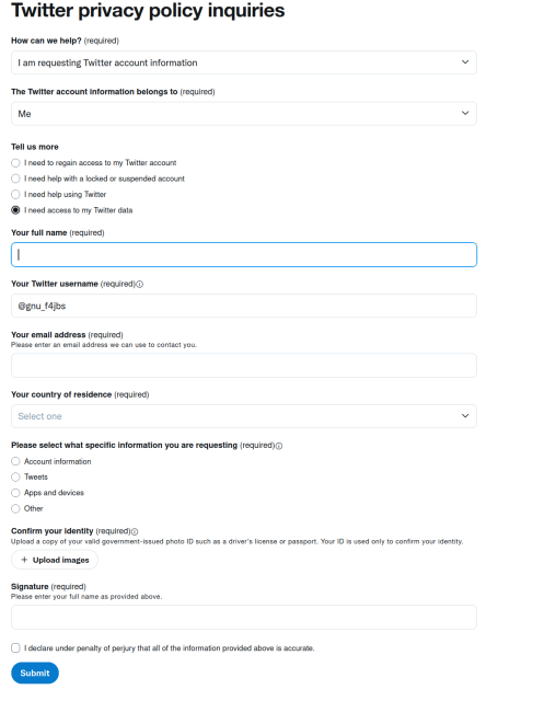 Form to fill out, requiring to upload an ID and enter full name, allowing to download only parts of the personal data