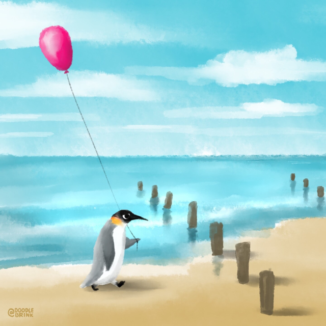 Ein Pinguin geht mit einem Ballon spazieren