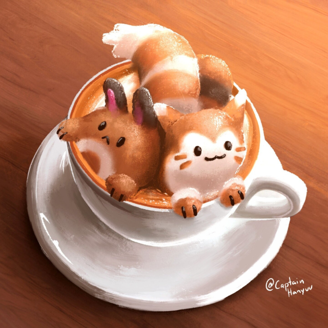 Good morning! How about a nice cup of coffee with 3D latte art of Sentret and Furret? Their little paws are hanging over the cup wall and furret smiles at you brightly. Sentret seems a little unsure though 🤔
